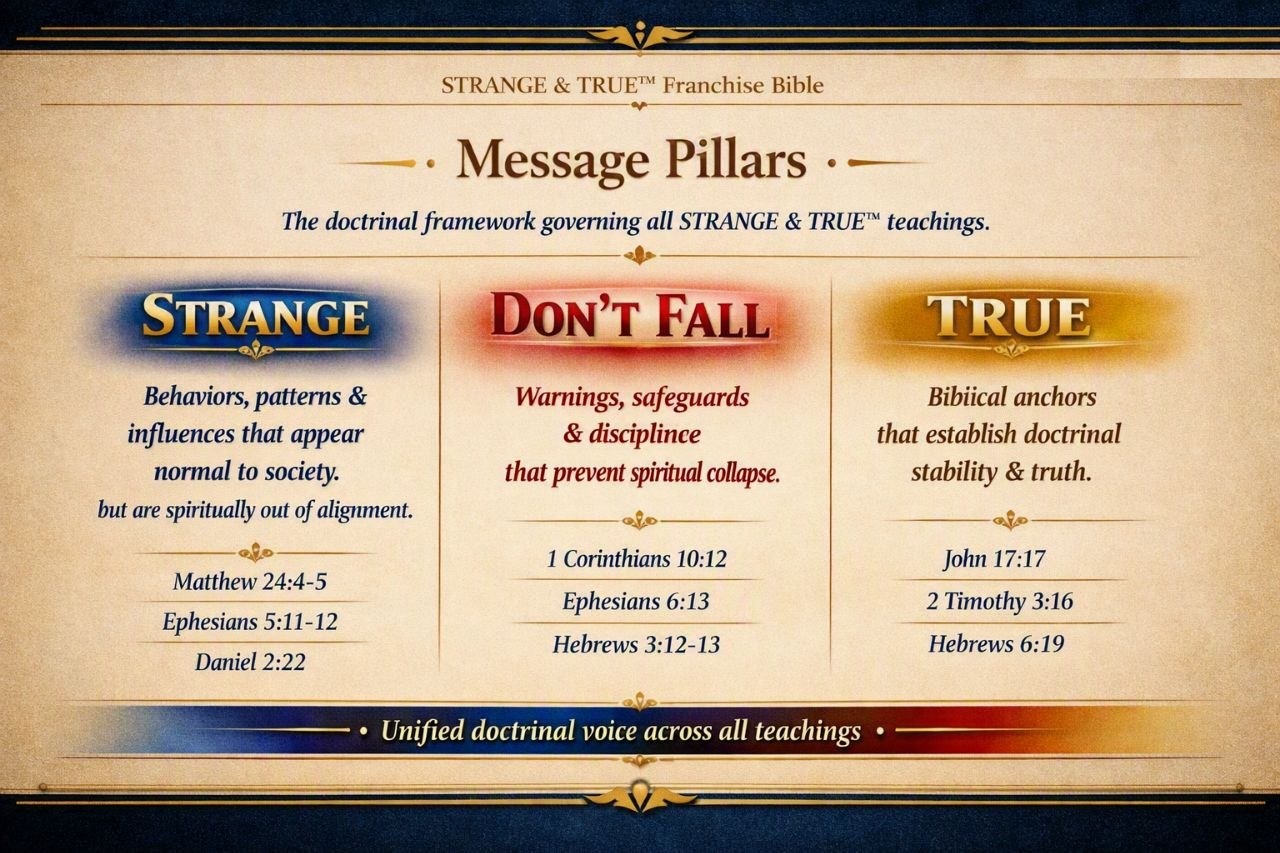 Strange & True message pillars: Strange, Don't Fall, and True, with supporting Scripture