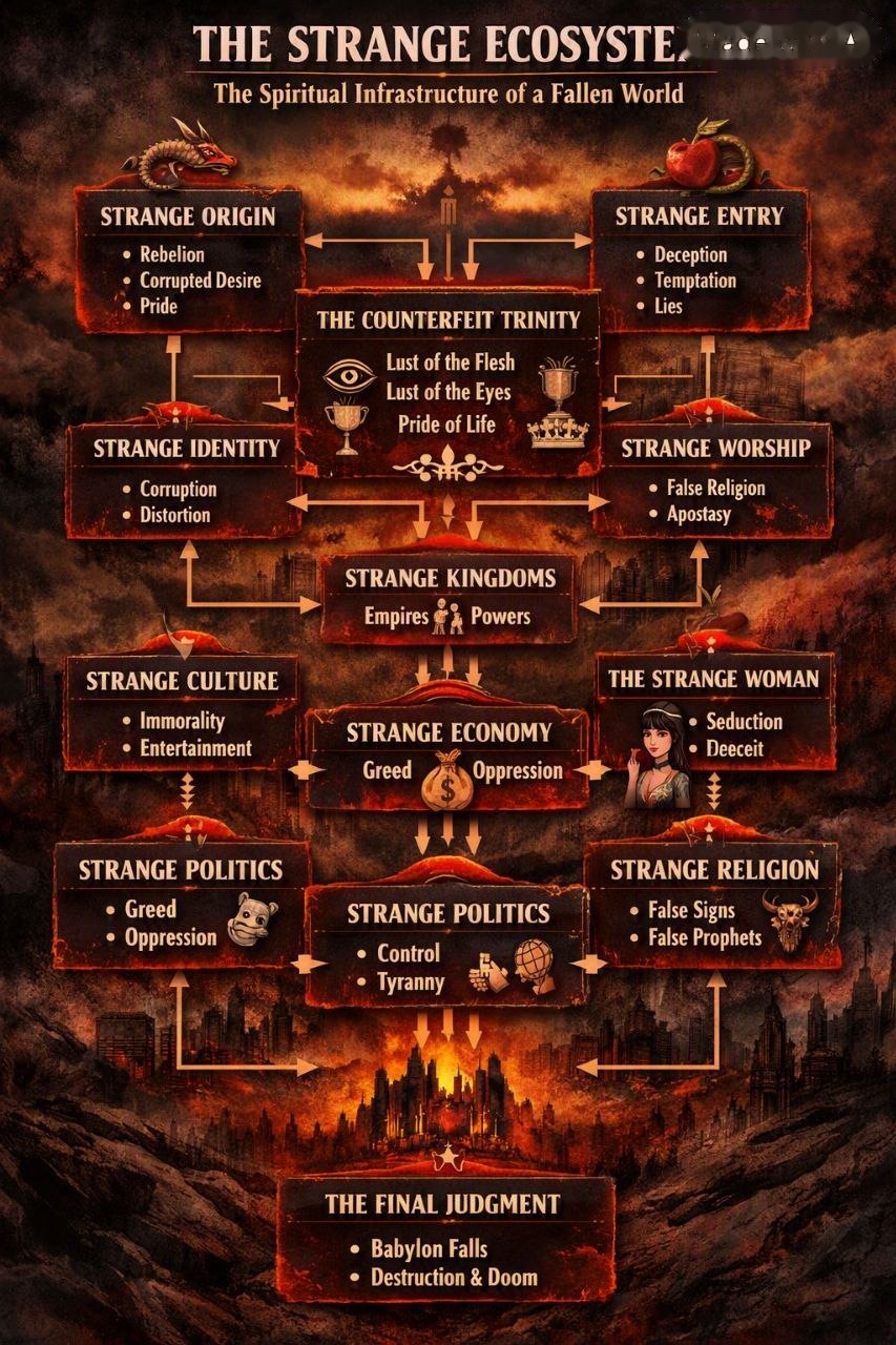 The Strange Ecosystem: the spiritual infrastructure of a fallen world, flowchart from origin to final judgment